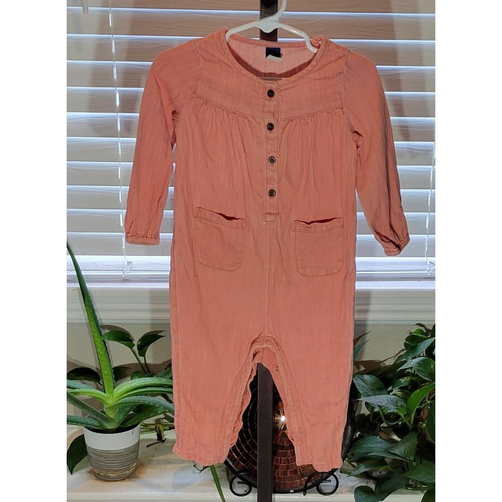 Old Navy Pink Salmon Coral Denim Linen Feel Long Sleeve Bodysuit Baby 18M to 24M
